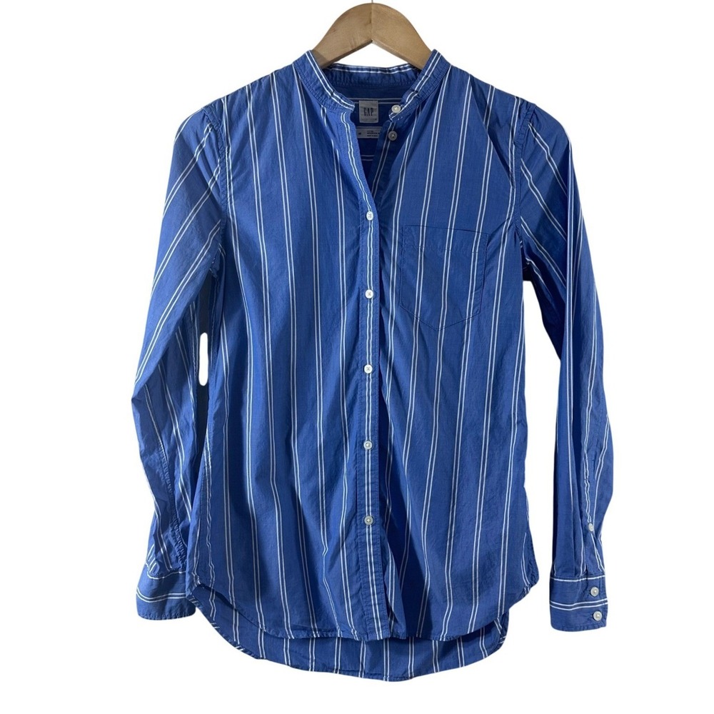 Gap Fitted Boyfriend Shirt Womens XS Blue White Striped Embroidered Love Cuff